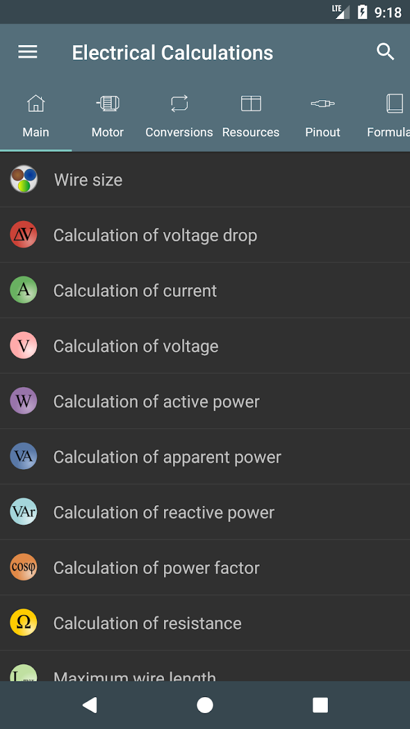 Electrical Calculations screen 1